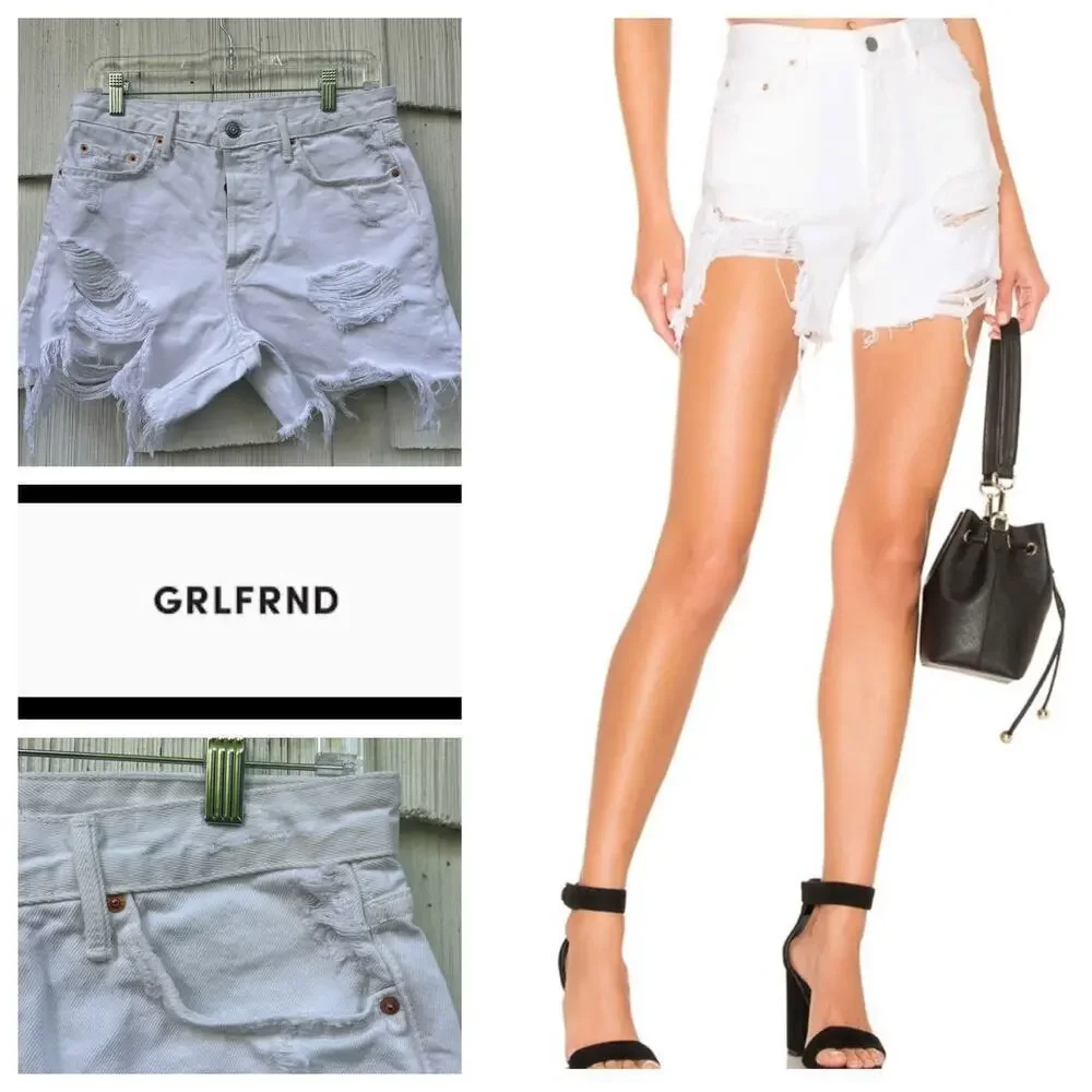 GRLFRND Jourdan‎ Tomboy White Distressed Denim Shorts 26